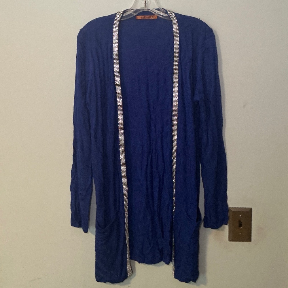 Belldini Large Royal Blue Long Cardigan Rhinestone Trim